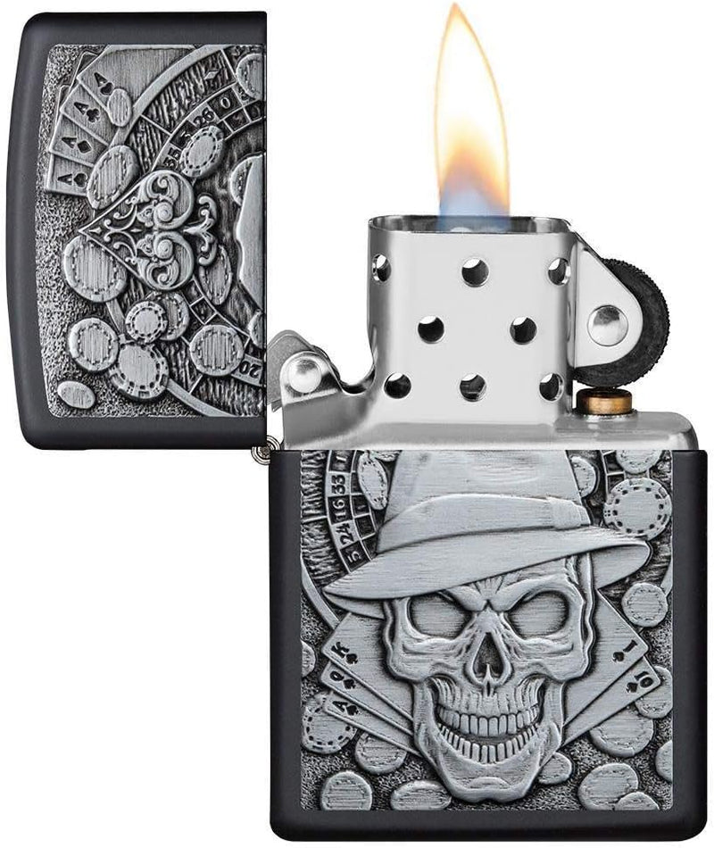 Zippo 49183 Unisex Emblem Pocket Lighter Feuerzeug, Black Matte Gambling Skull, Einheitsgrösse Matt