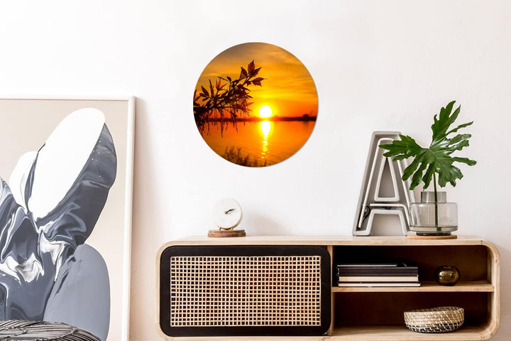 MuchoWow Wandbild Rund Wanddeko Deko Wohnzimmer Bilder 30x30 cm Sonnenuntergang - Wasser - Pflanzen