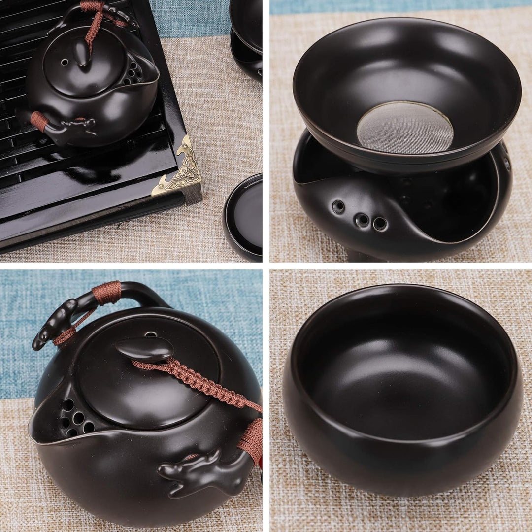 fanquare Chinesisches Kung Fu Teeset aus Schwarzer Keramik mit Teetablett und Kleinen Teewerkzeugen,