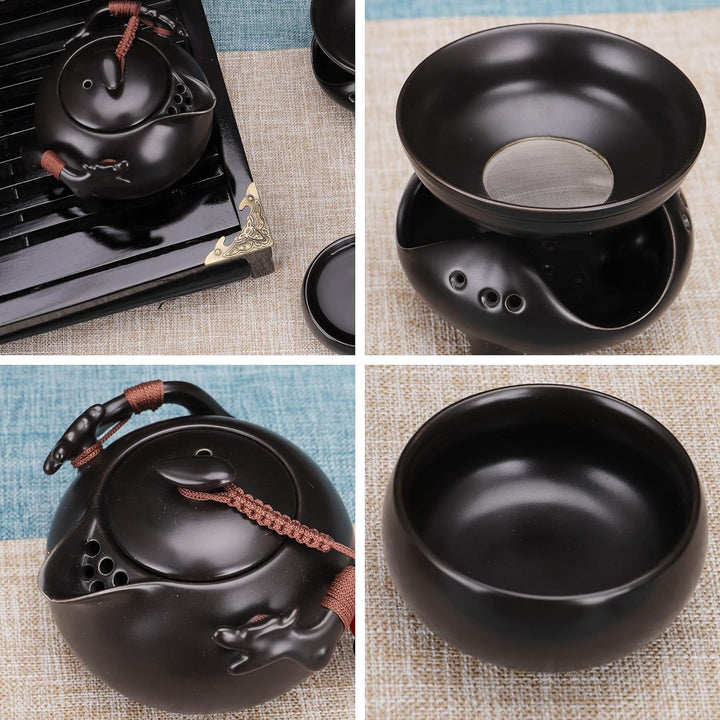 fanquare Chinesisches Kung Fu Teeset aus Schwarzer Keramik mit Teetablett und Kleinen Teewerkzeugen,