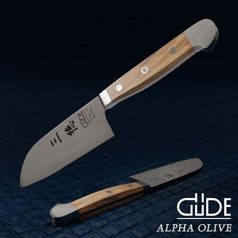 GÜDE Solingen - Santoku Messer geschmiedet, 14 cm, Olivenholz, ALPHA OLIVE, Doppelkropf, Handmade Ge