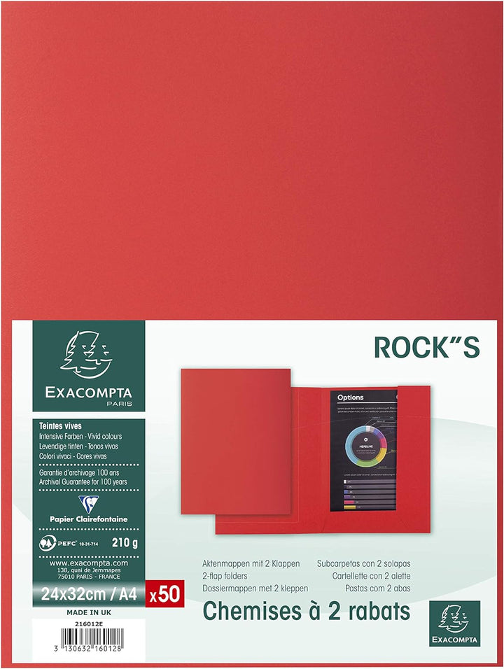 Exacompta - 216012E - Rock''s 210 Klappenmappe, 210 g/m², A4, Rot, 50 Stück, rot