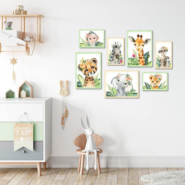 Novart Wandbilder Tiere Afrika - KOMPLETT AUFHÄNGFERTIG - Grau Kinderzimmer Mädchen Junge- 7 Moderne