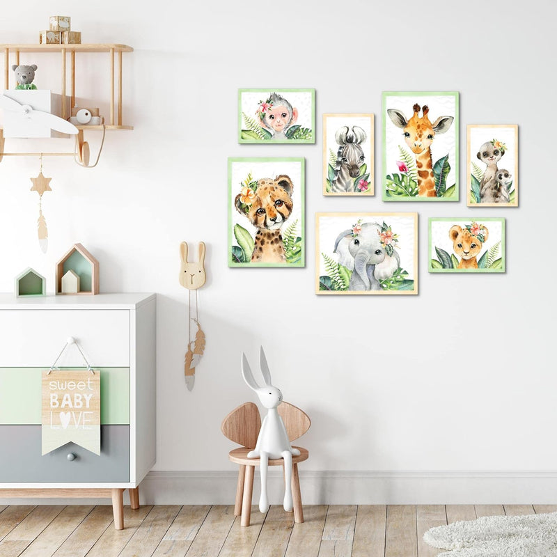 Novart Wandbilder Tiere Afrika - KOMPLETT AUFHÄNGFERTIG - Grau Kinderzimmer Mädchen Junge- 7 Moderne