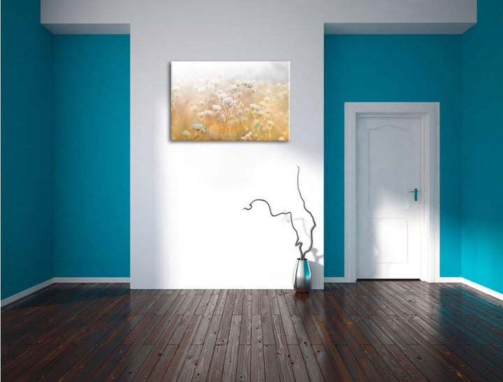 Pixxprint Romantische Blumenwiese Schwarz/Weiss als Leinwandbild/Grösse: 100x70 / Wandbild/Kunstdruc