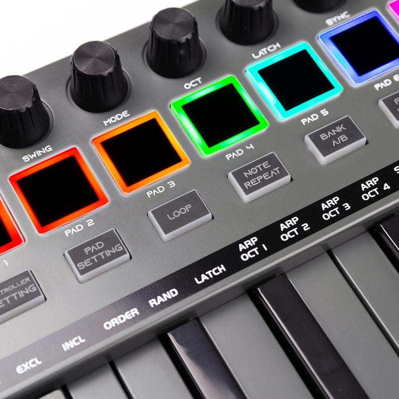 RockJam Go 25 Key USB & Bluetooth MIDI Keyboard Controller With 8 Backlit Drum Pads, 8 Knobs 25 Tast