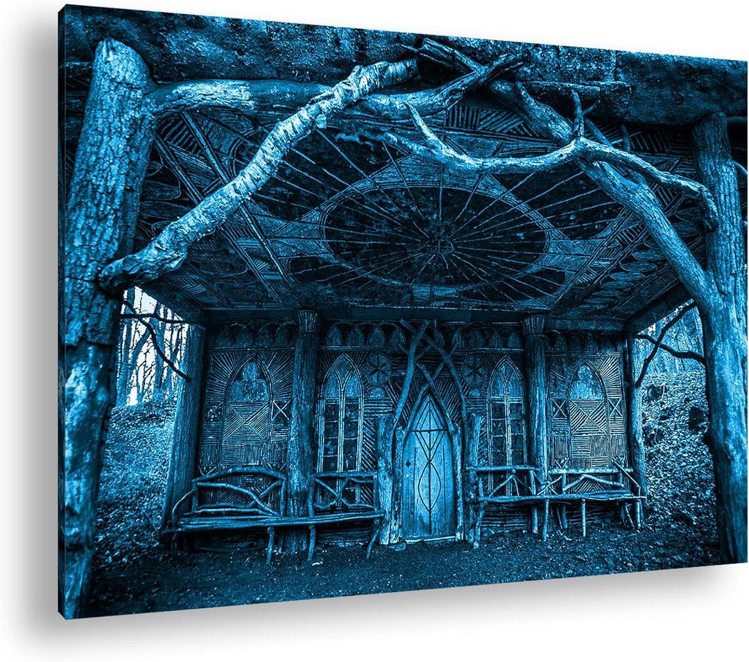 deyoli Herbstliche Holzhütte Format: 80x60 Effekt: Monocrome Blau als Leinwandbild, Motiv fertig ger