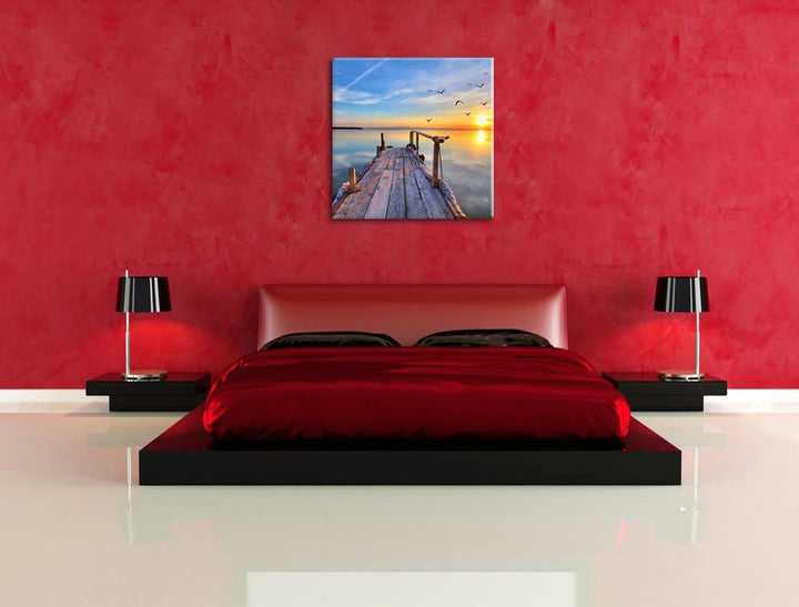 Pixxprint Steg mit Möwen bei Sonnenuntergang, Format: 70x70 auf Leinwand, 70x70