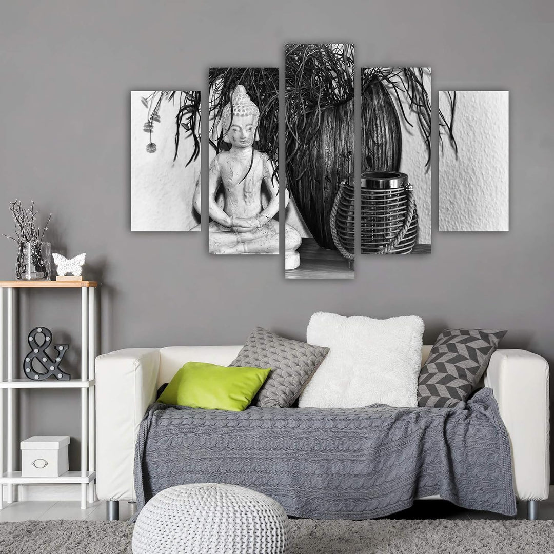 Bilder 5 Teilig Buddha Deco Panel Kunst Statue Pflanze Schwarzweiss 100x70 cm Deco panel 100x70 cm K