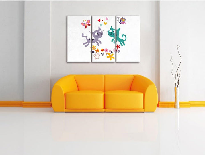 Pixxprint fröhlich und spielende Kätzchen weiss 3-Teiler Leinwandbild 120x80 Bild auf Leinwand