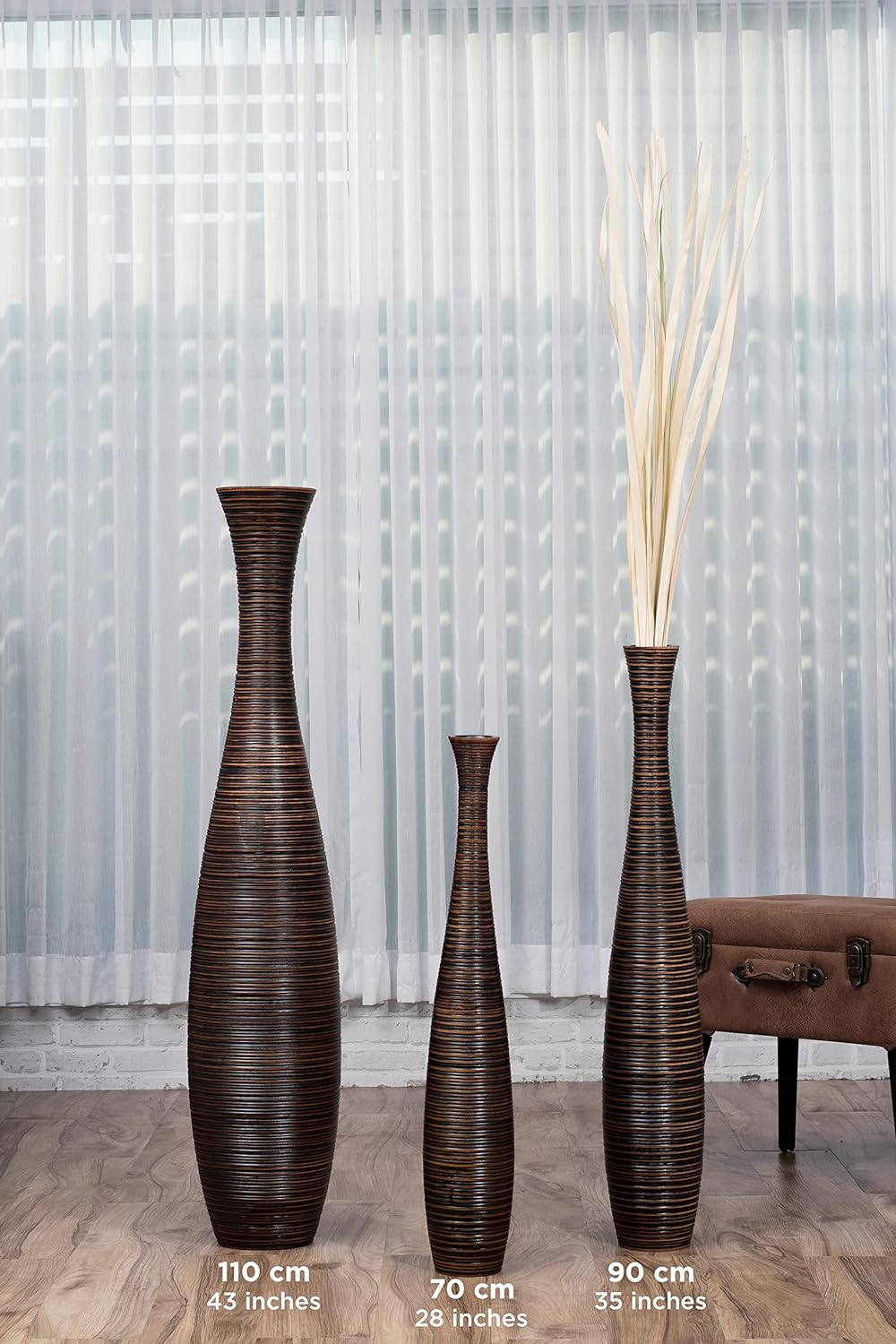 Leewadee Grosse Bodenvase für Dekozweige hohe Standvase Design Holzvase, Holz, 70 cm, Braun 70 cm Br