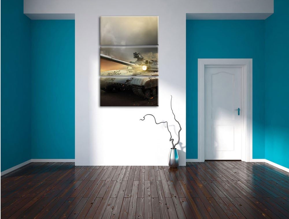Pixxprint Panzer im Nebel 3Teiler 120x80 cm Leinwandbild Wandbild Kunstdruck