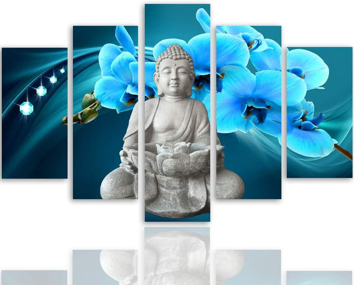 Feeby Bilder Buddha 200x100 cm Leinwandbild 5 Teilig XXL Kunstdruck modern Blumen blau Leinwandbild