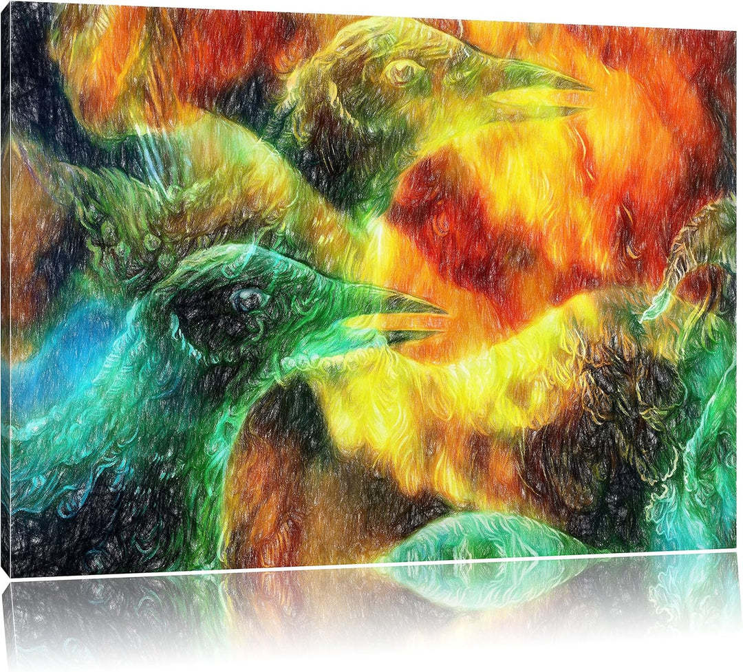 Pixxprint Vogel Phönix Collage Kunst Buntstift Effekt, Format: 100x70 auf Leinwand, 100x70