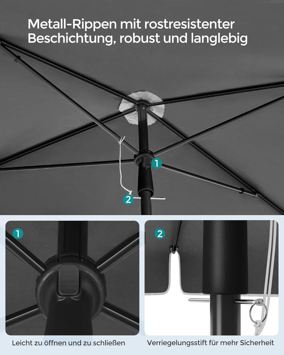 SONGMICS Sonnenschirm 180 x 125 cm, Sonnenschutz UPF 50+, neigbar um 30° in 2 Richtungen, höhenverst