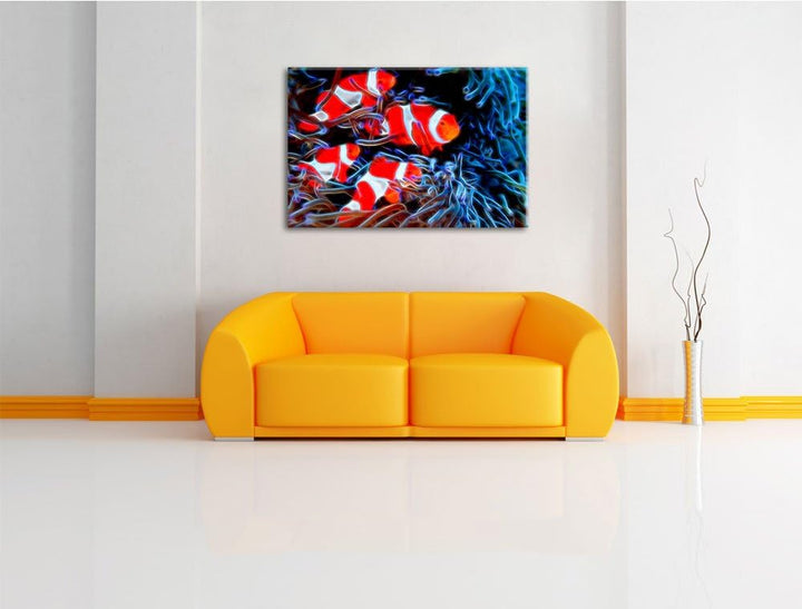 Clownfische in Anemone Deluxe Format: 100x70 cm auf Leinwand, XXL riesige Bilder fertig gerahmt mit