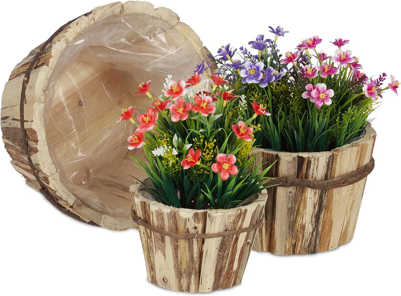 Relaxdays Holz Blumentopf im 3er Set, für aussen & innen, mit Folie, 3 Grössen, Kastanienholz, runde