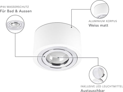 lambado® Flache LED Aufbaustrahler IP44/Deckenstrahler inkl. 230V 5W Spots dimmbar - Wasserschutz fü