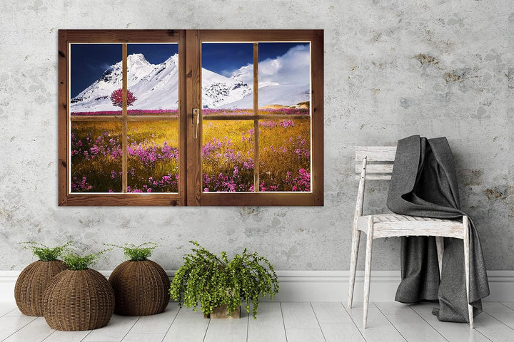 Feeby Vlies Leinwandbild Bergspitzen Auf Einem Wiesenhintergrund Baum 90x60 cm Druckbild Wandbild Wa
