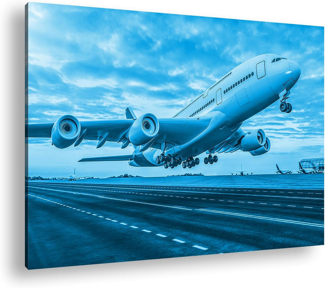 deyoli Flugzeug bei Sonnenuntergang Format: 80x60 cm Effekt: Monocrome Blau als Leinwandbild, Motiv