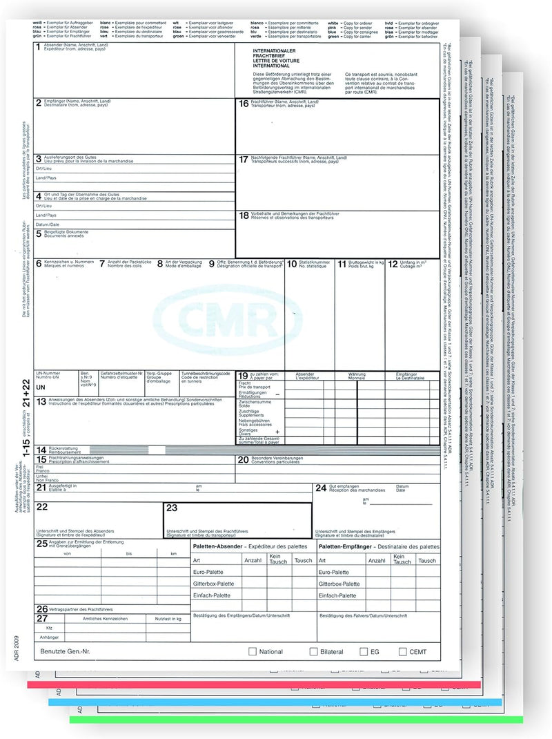 500 x CMR Frachtbrief 4-teilig für Laser- und Inkjetdrucker, Einzelblätter DIN A4 lose im Wechsel /