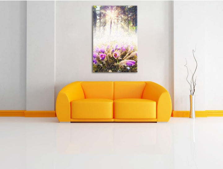 Pixxprint blühende Blumen im Wald / 100x70cm Leinwandbild bespannt auf Holzrahmen/Wandbild Kunstdruc
