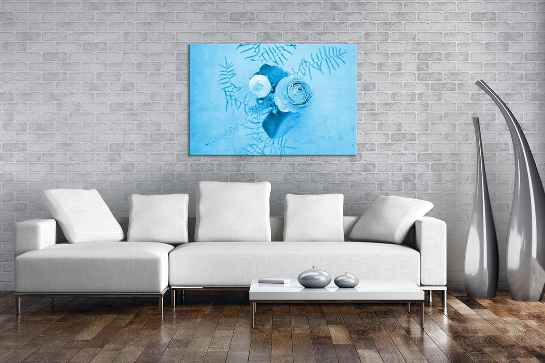 deyoli ein Strauss Ranunkelblumen Format 80x60 Effekt: Monocrome Blau als Leinwandbild, Motiv fertig
