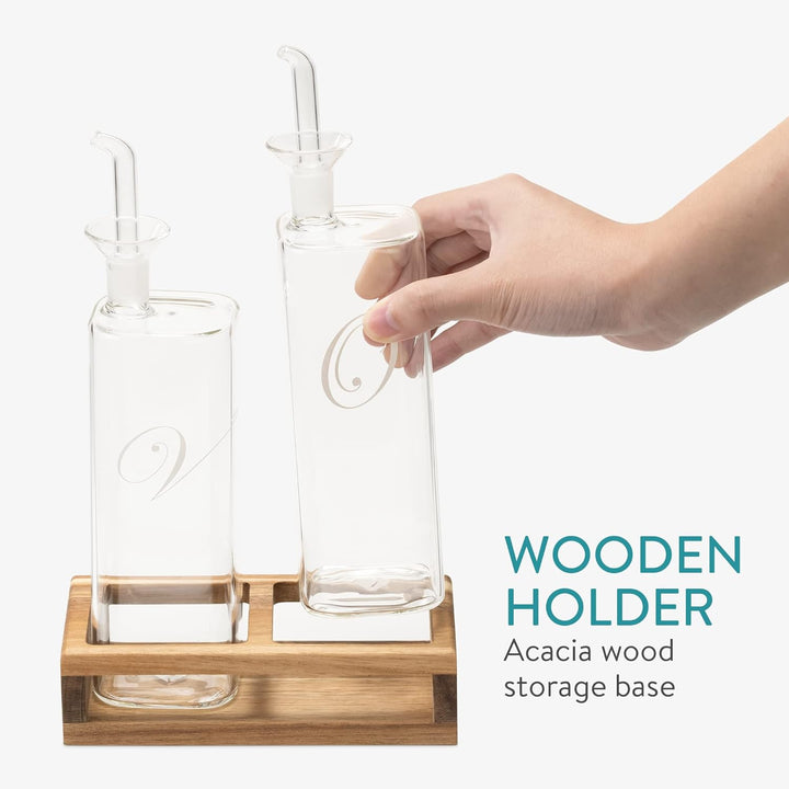 Navaris 2er Set Öl- und Essigspender aus Glas mit Holzständer - Ölflasche für Olivenöl Balsamico - 2