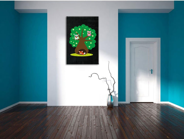 Pixxprint Baum mit niedlichen Eulen und süssem Fuchs schwarz, Format: 70x100 auf hochkantiges Leinwa