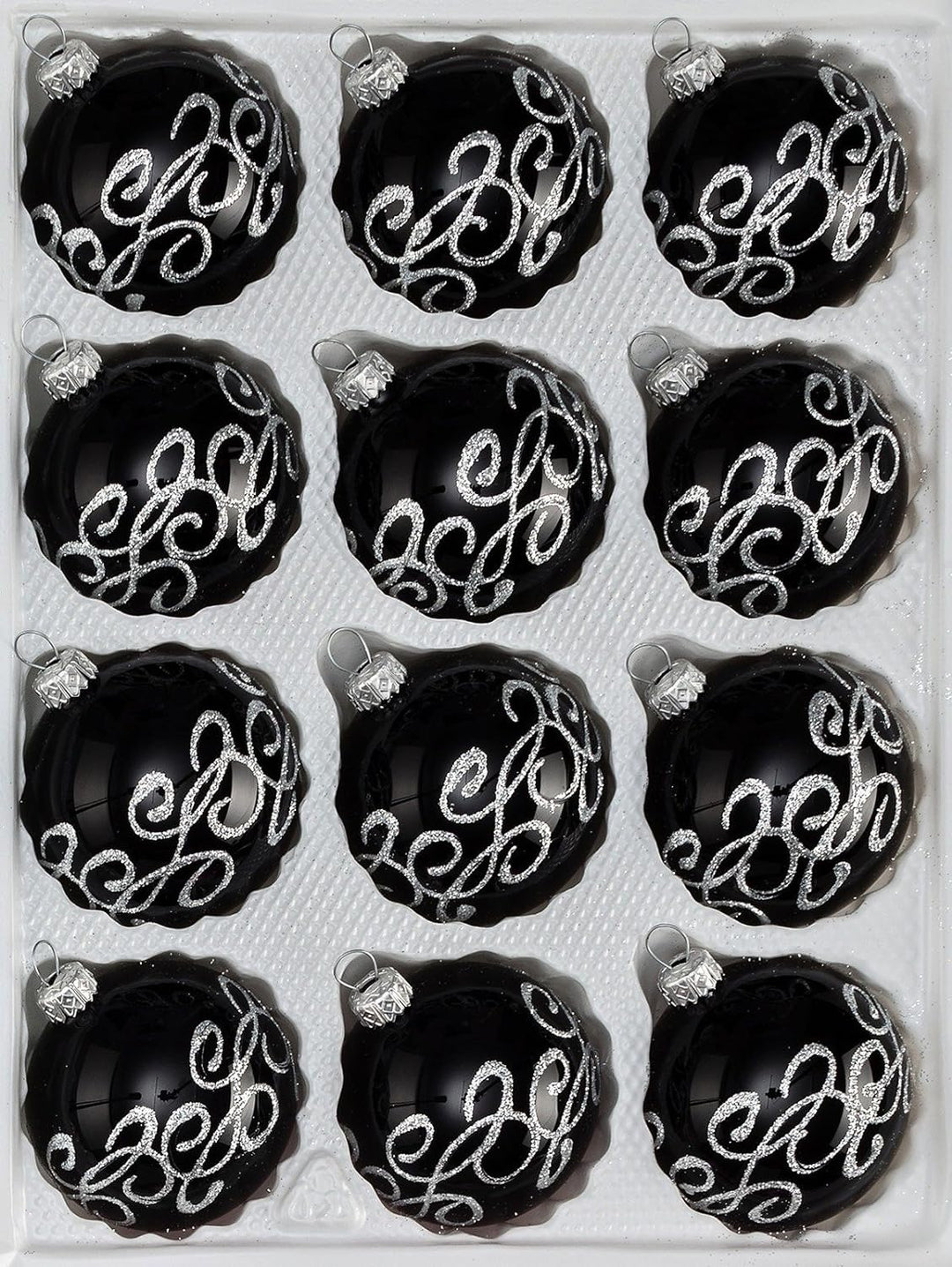 12 TLG. Glas-Weihnachtskugeln Set inHochglanz-Schwarz-Silberne-Ornamente Neuheit - Christbaumkugeln