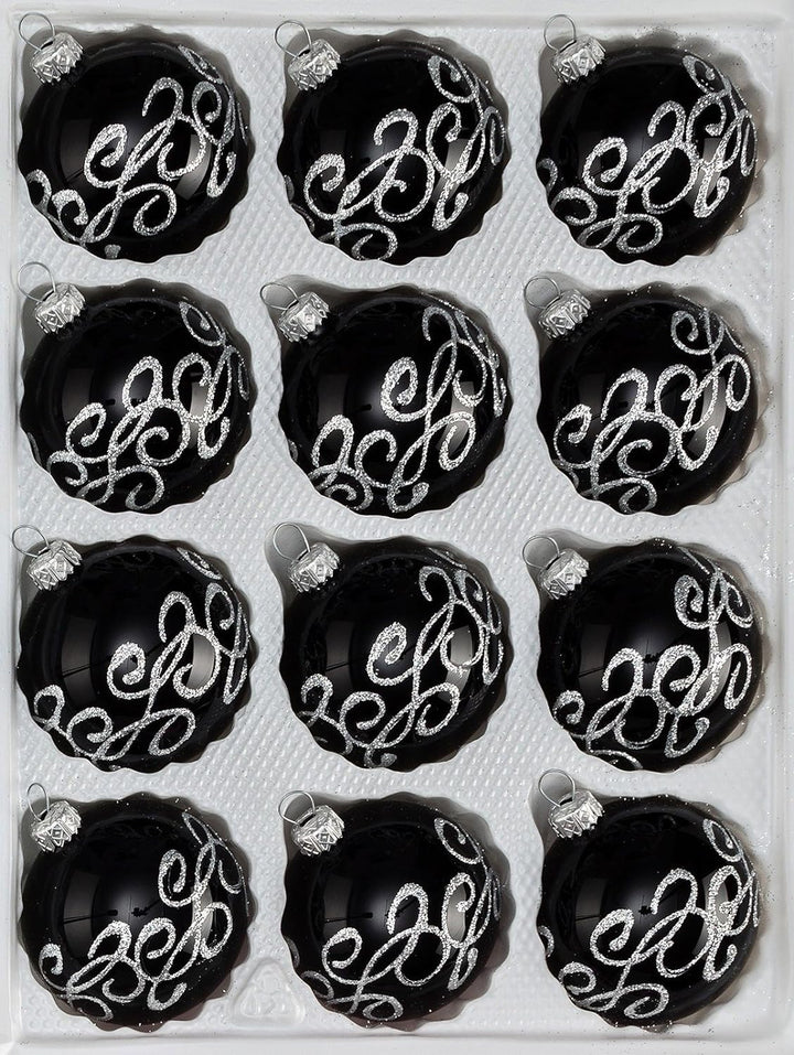 12 TLG. Glas-Weihnachtskugeln Set inHochglanz-Schwarz-Silberne-Ornamente Neuheit - Christbaumkugeln