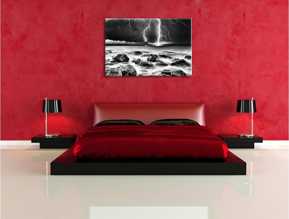 Pixxprint Blitzeinschlag in Meer / 100x70cm Leinwandbild bespannt auf Holzrahmen/Wandbild Kunstdruck