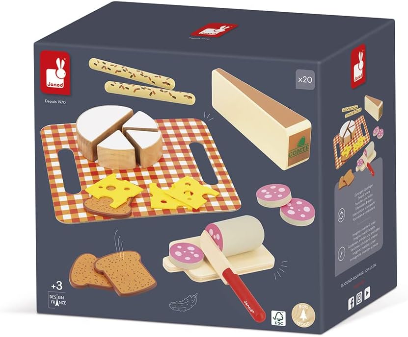 Janod - Meine Erste Brotzeit - Rollenspielzeug Küche und Essgeschirr - 20 Elemente aus Holz, Pappe u