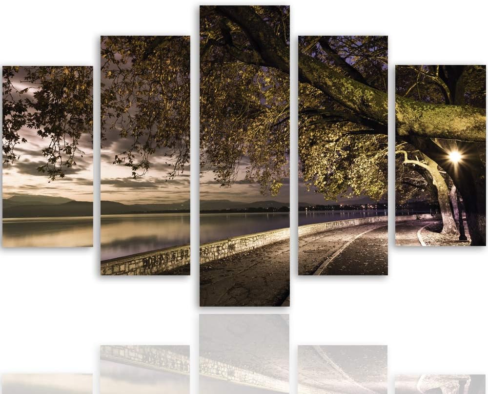 Feeby Leinwandbild Landschaft 5 TLG Bild Kunstdruck Weg Bäume See Abend bunt 100x70 cm Leinwandbild