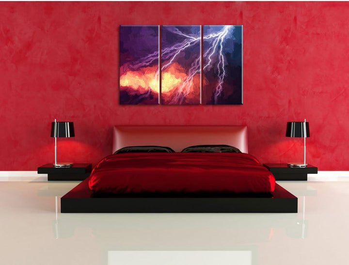Pixxprint Blitze am Himmel Pinsel Effekt 3-Teiler Leinwandbild 120x80 Bild auf Leinwand