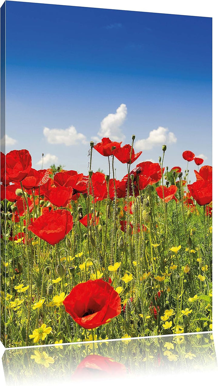 Pixxprint Mohnwiese, Format: 100x70 auf Leinwand, XXL riesige Bilder fertig gerahmt mit Keilrahmen,
