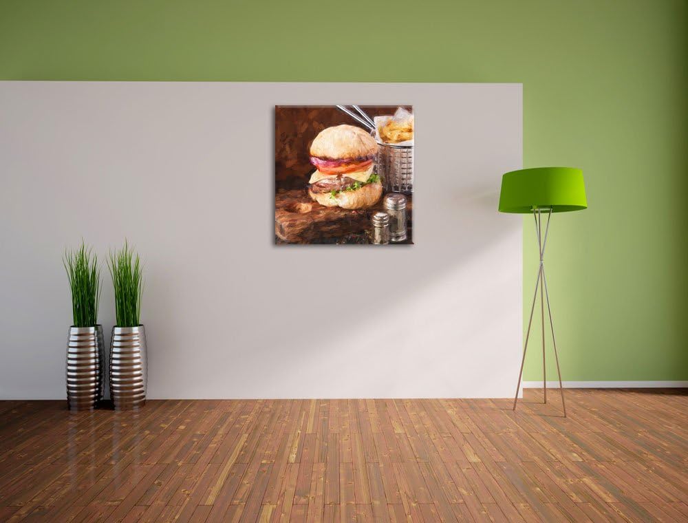 Pixxprint Cheesburger mit Pommes Pinsel Effekt, Format: 70x70 auf Leinwand, 70x70
