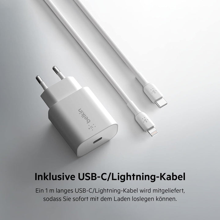 Belkin 25-W-Power Delivery-USB-C-PPS-Ladegerät mit USB-C/Lightning-MFi-Kabel, USB-C PD-Netzadapter,