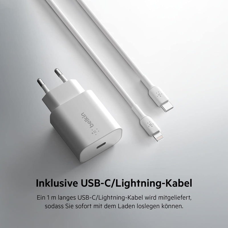 Belkin 25-W-Power Delivery-USB-C-PPS-Ladegerät mit USB-C/Lightning-MFi-Kabel, USB-C PD-Netzadapter,