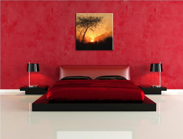 Pixxprint Einsamer Baum bei Sonnenuntergang, Format: 70x70 auf Leinwand, 70x70