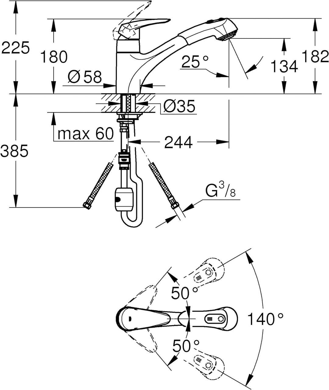 GROHE Eurodisc - Einhand-Spültischbatterie (schwenkbarer Gussauslauf, flexible Anschlussschläuche, S