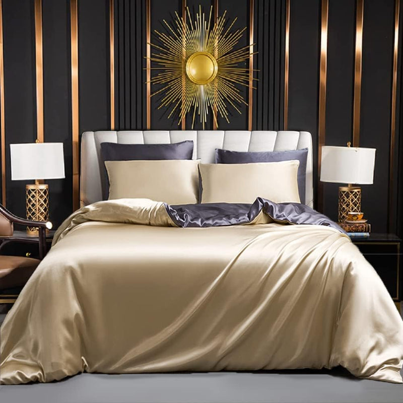 Bettwäsche Satin 200x220cm Glänzend Seiden Gold Braun Graue Bettwäsche Set Uni Bettbezug Doppelbett