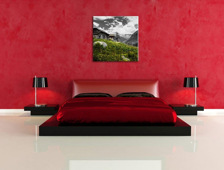 Pixxprint Steinhütte auf Berg als Leinwandbild/Grösse: 70x70 cm/Wandbild/Kunstdruck/fertig bespannt,