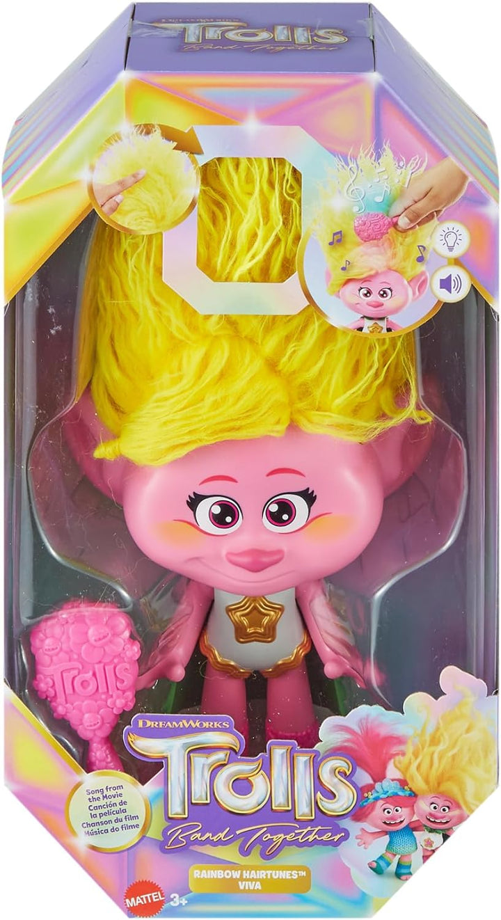 TROLLS DREAMWORKS - Rainbow HairTunes Viva Puppe mit leuchtendem Haar und Musik, Umhang, für Kinder