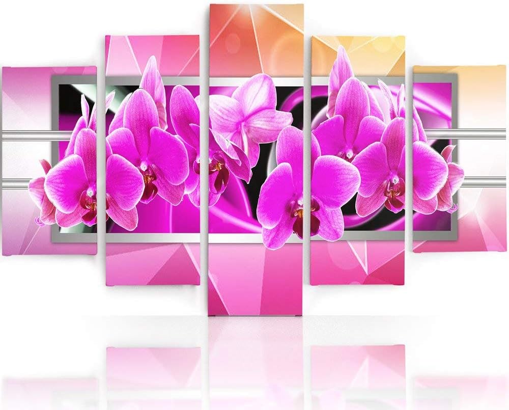 Feeby Frames, Leinwandbild Bilder Wand Bild - 5 Teile - Wandbilder Kunstdruck (ORCHIDEE, ROSA) 150x1