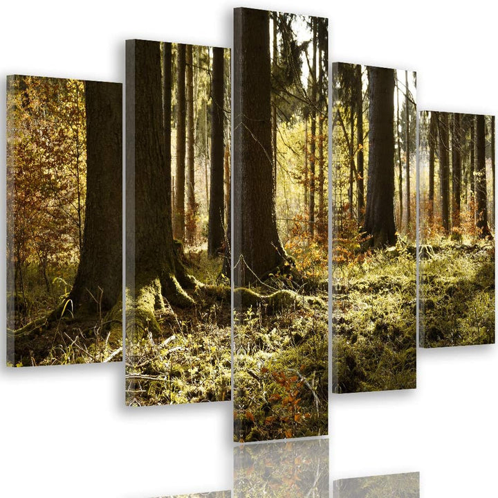 Feeby Bild auf Leinwand Natur 5 Teilig Modern Landschaft Wald Bäume orange 200x100 cm Leinwandbild 2