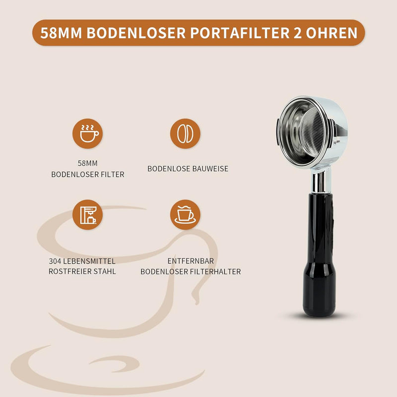 58Mm Bottomless Portafilter 2 Ears, Espresso Portafilter, 58 Mm Portafilter abnehmbares Design für E