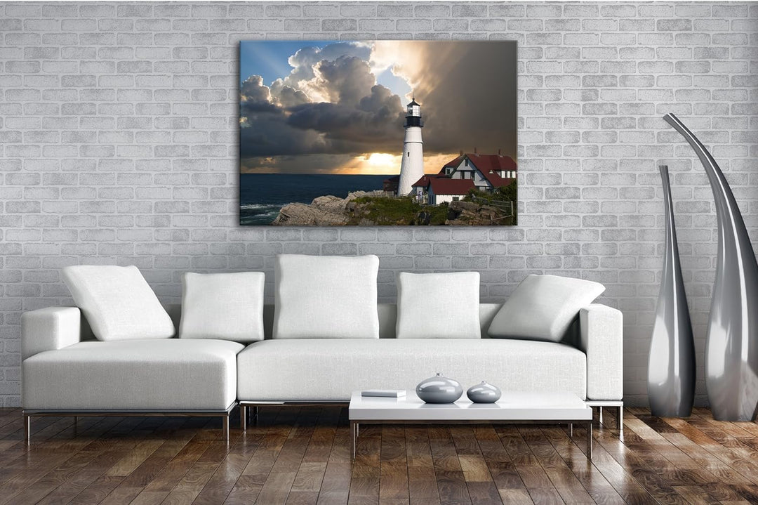 deyoli erhellender Leuchtturm an einer Felsigen Klippe Format: 80x60 als Leinwandbild, Motiv fertig