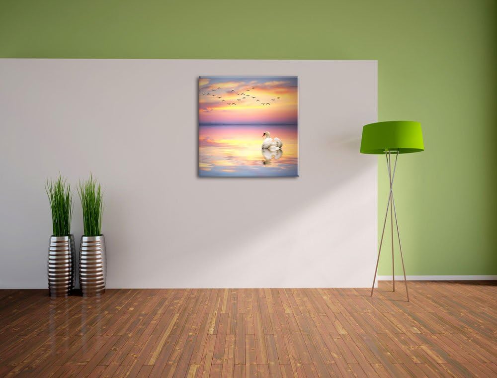 Schwan bei Sonnenuntergang, Format: 70x70 auf Leinwand, XXL riesige Bilder fertig gerahmt mit Keilra