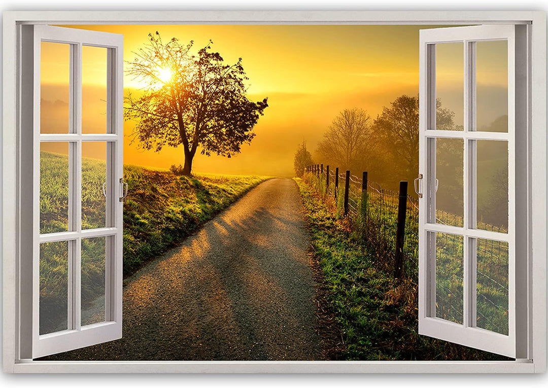 Feeby Bild auf Vlies Leinwand Fensteransicht 3D-Effekt 90x60 cm Kunstdruck Modern Wandbilder Deko Fl
